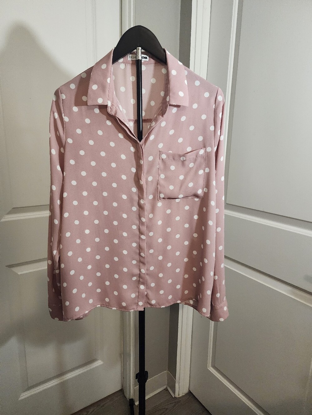 Fashion Nova Pink White Polka Dot Button Down Blouse Size M
